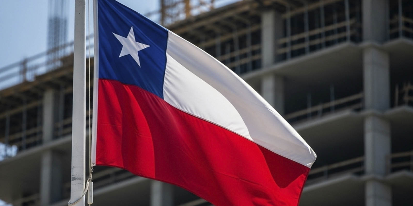 Bandera de Chile flameando en una obra de construcción de la constructora Vixza.