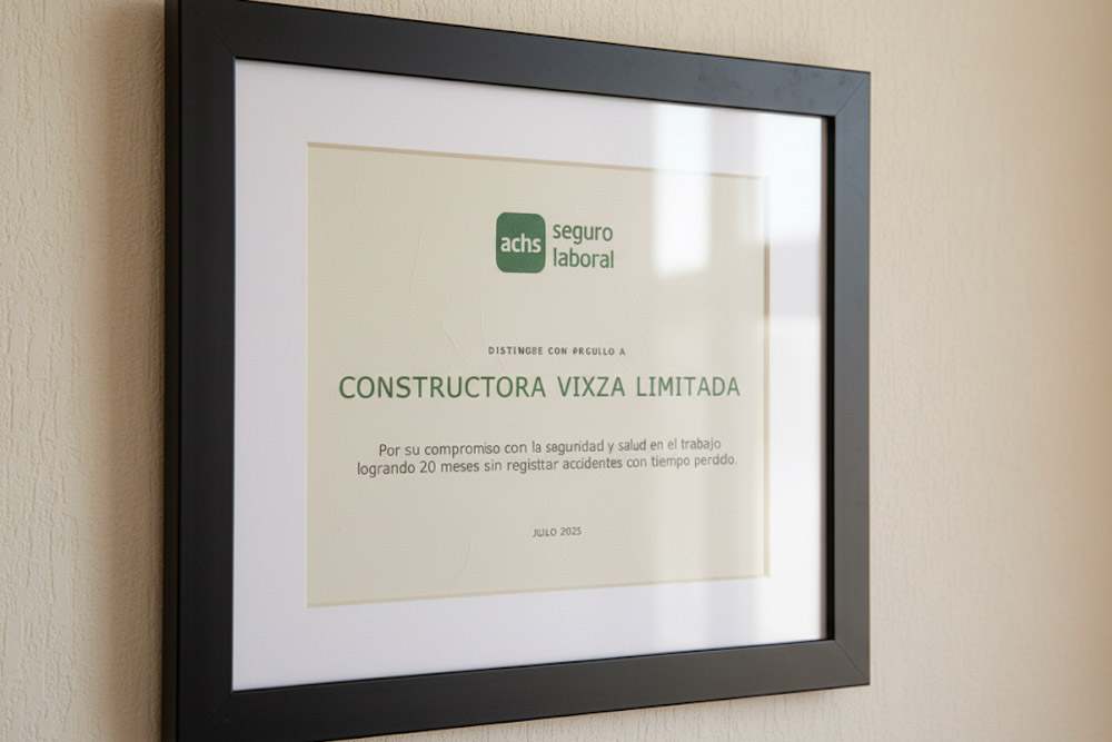Diploma de la ACHS por el reconocimiento a Constructora Vixza enmarcado colgado en la pared